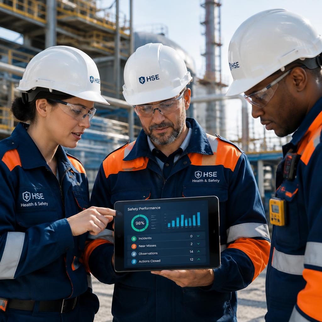 Especialistas SST revisando indicadores en planta